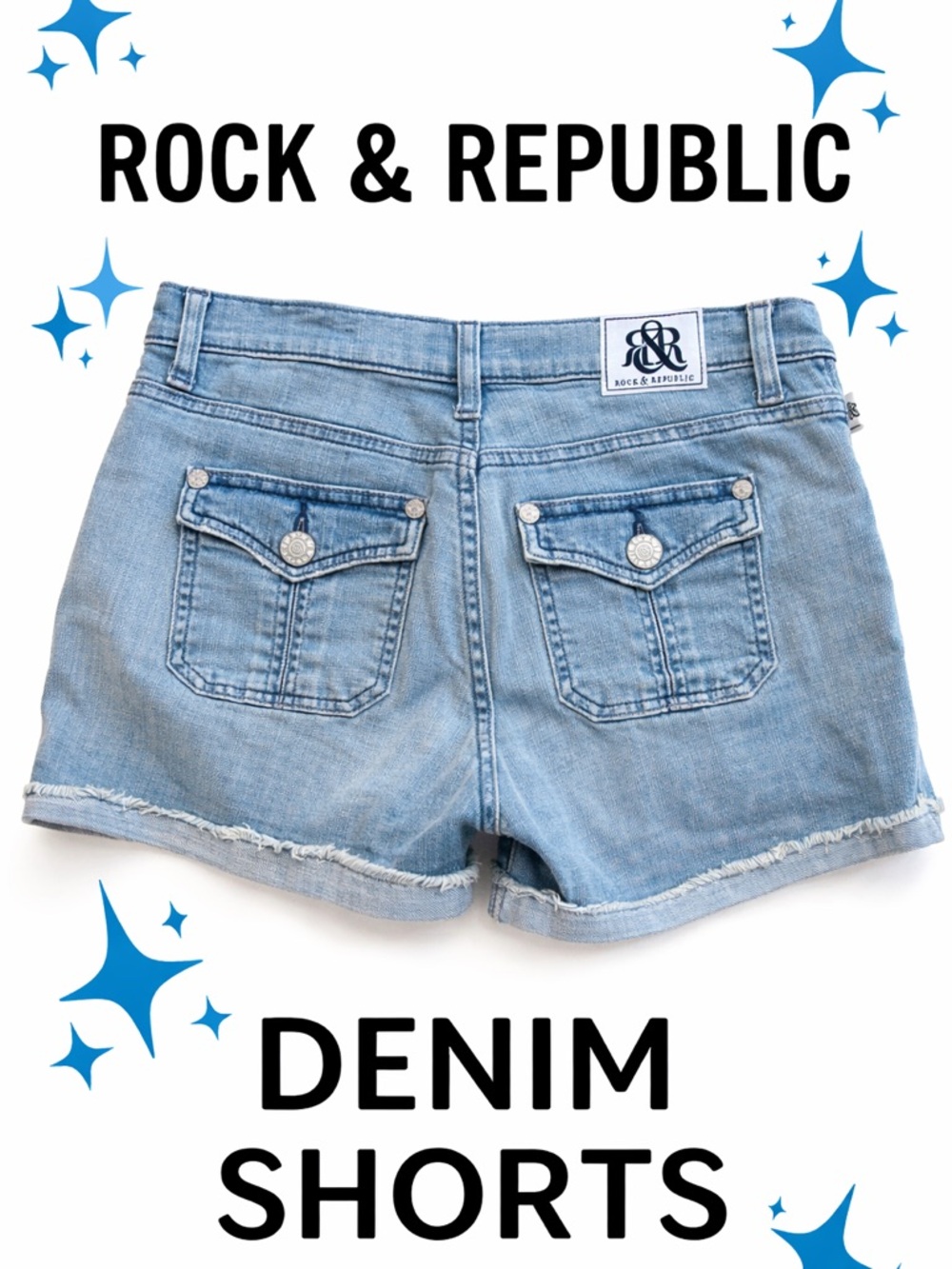 Rock & Republic Denim Stinger Shorts Light Wash Frayed Hem Low Rise Size 
8